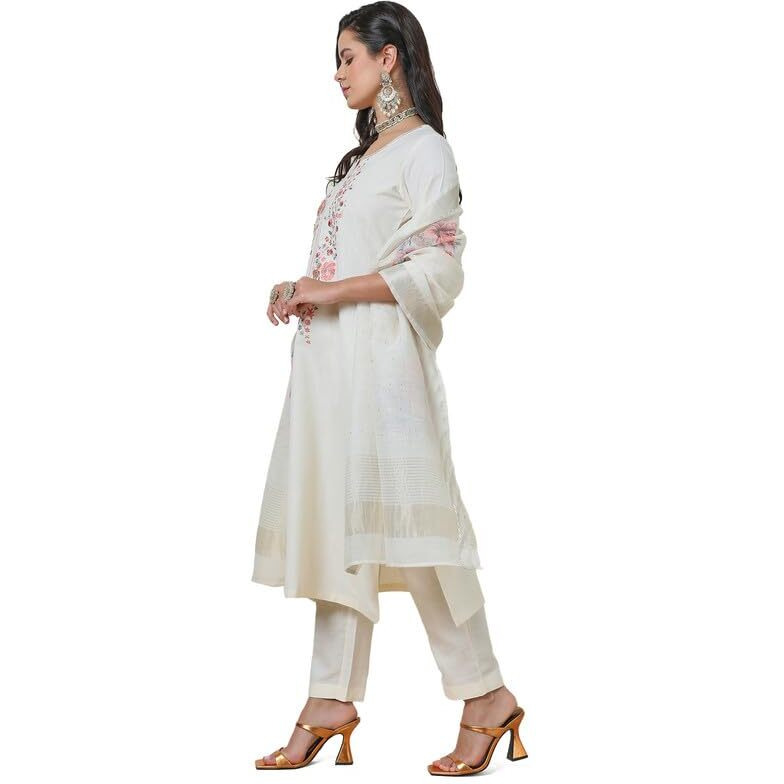 Soch Womens Cream Notched Neck Silk Blend Embroidered Suit Set