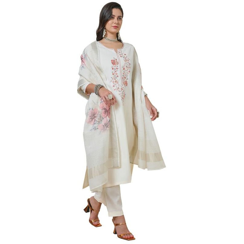 Soch Womens Cream Notched Neck Silk Blend Embroidered Suit Set