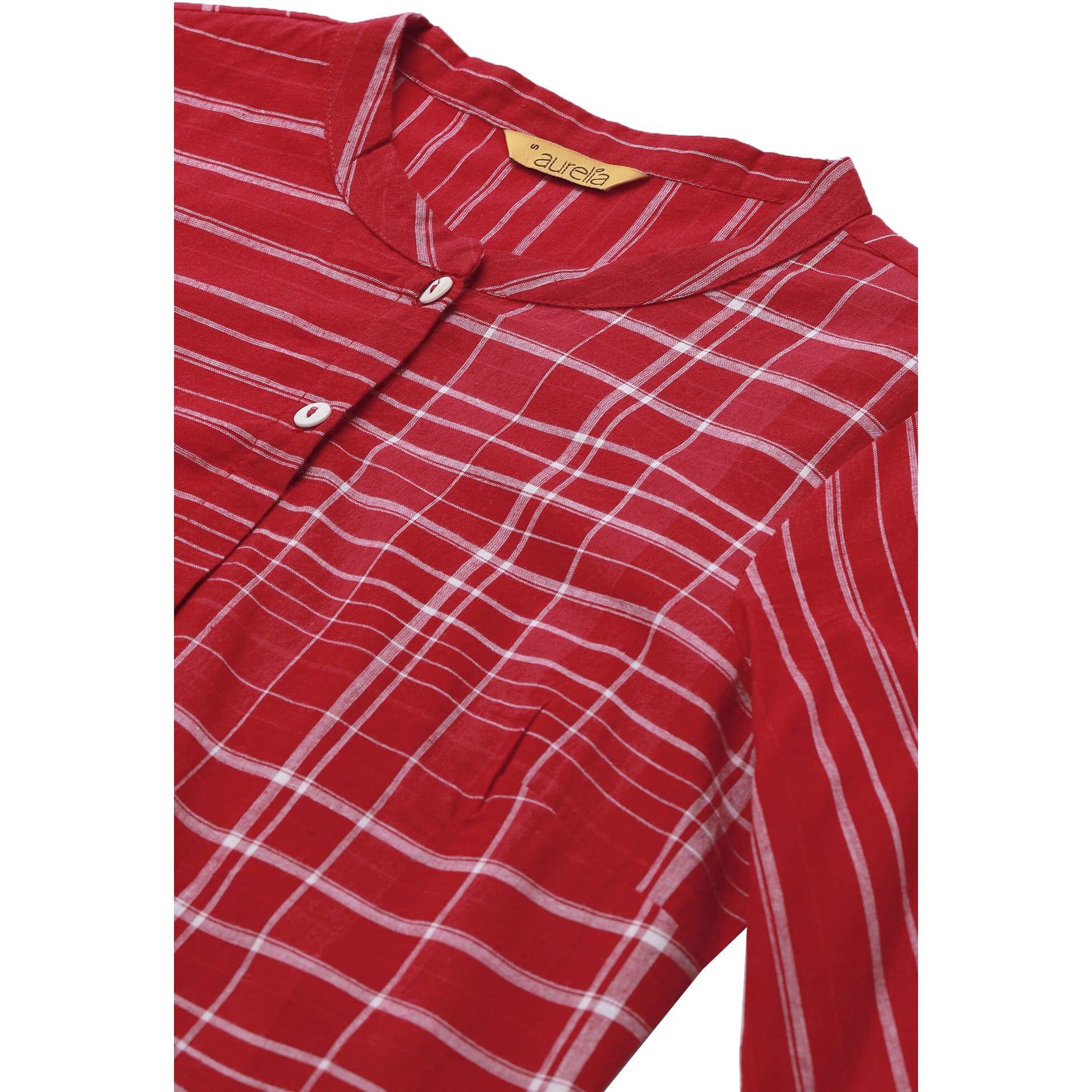 Aurelia Red Cotton Striped Regular Kurta For Women