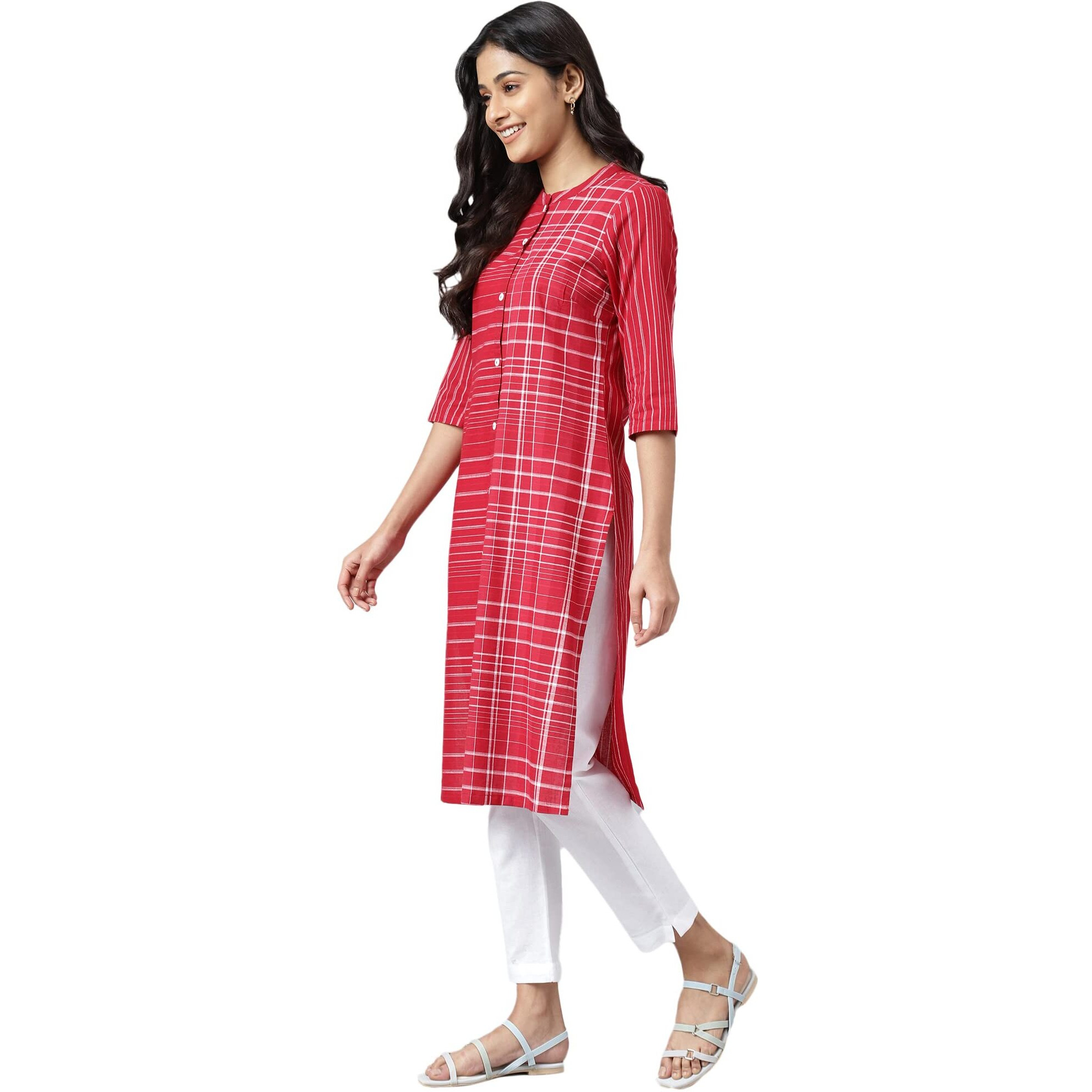 Aurelia Red Cotton Striped Regular Kurta For Women