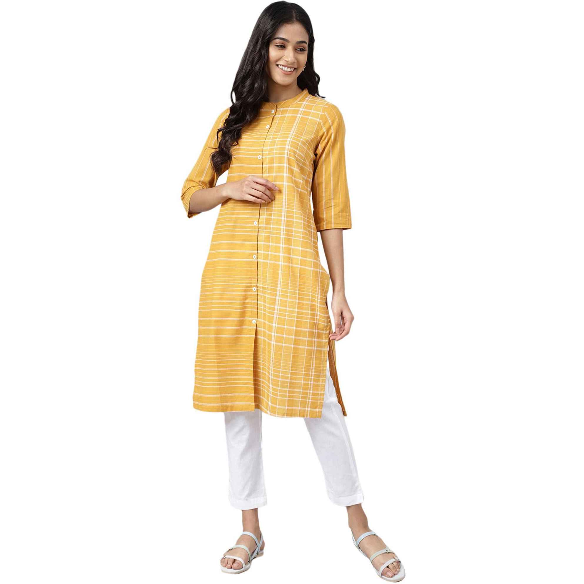 Aurelia Women Mustard Dobby Geometric Yarn Dyed Straight Kurta_22Aua13368-703597_Xs