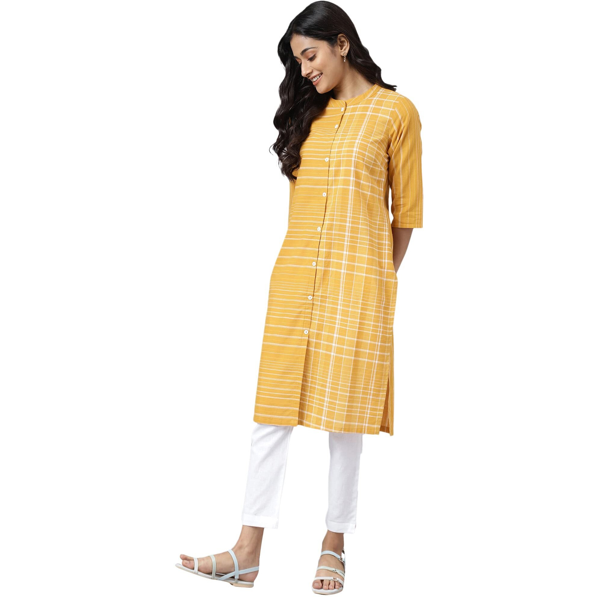 Aurelia Women Mustard Dobby Geometric Yarn Dyed Straight Kurta_22Aua13368-703597_Xs