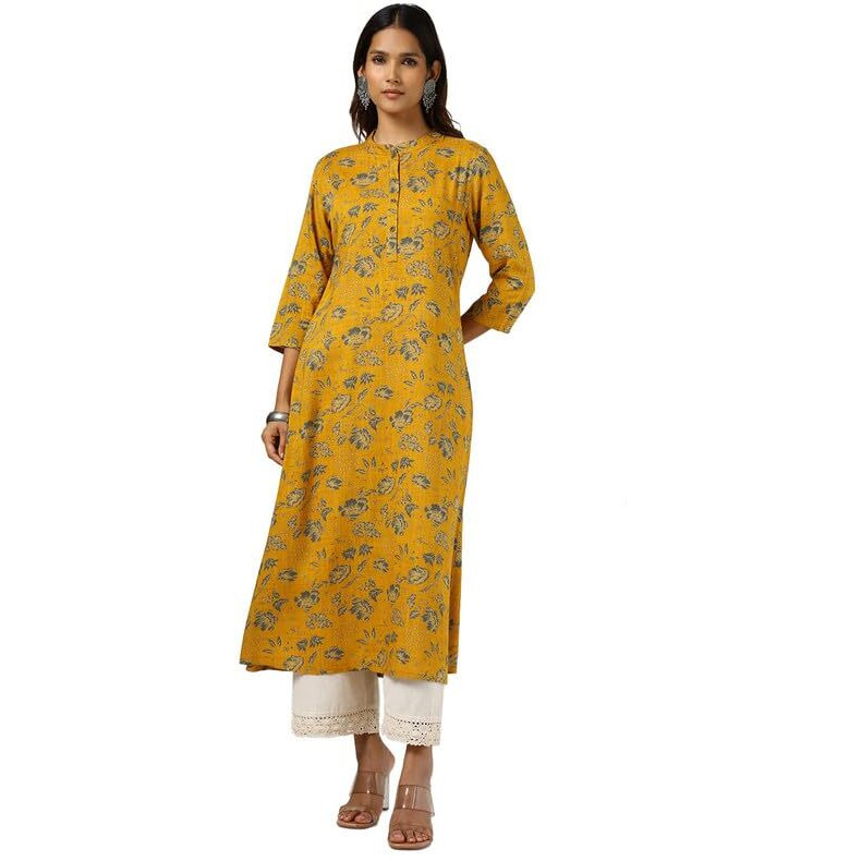 Soch Womens Mustard Rayon Slub Floral Print Kurta