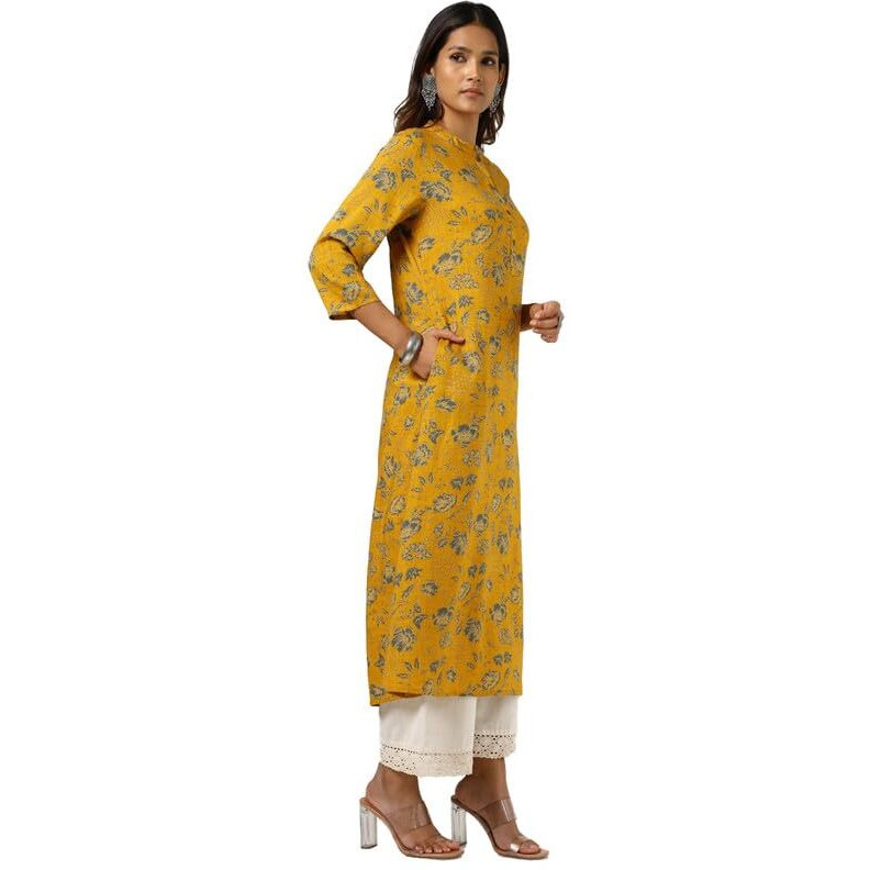 Soch Womens Mustard Rayon Slub Floral Print Kurta