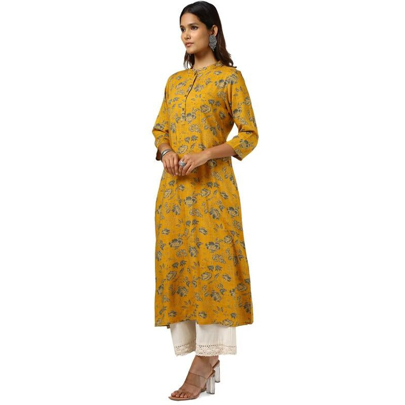 Soch Womens Mustard Rayon Slub Floral Print Kurta