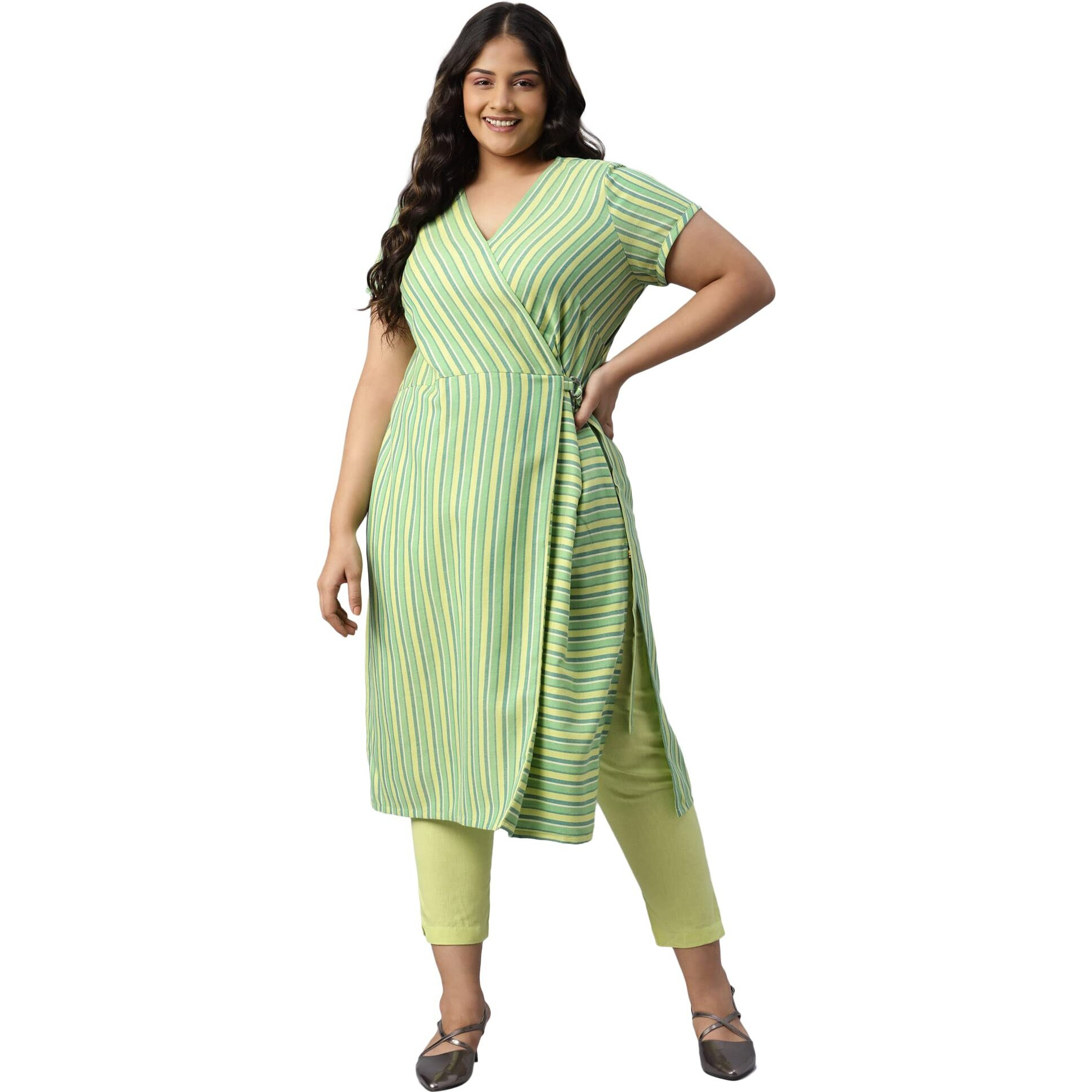 Aurelia Women Lime Sherbet Cotton Stripes Yarn Dyed Straight Kurta_22Aua13360P-702577_4Xl
