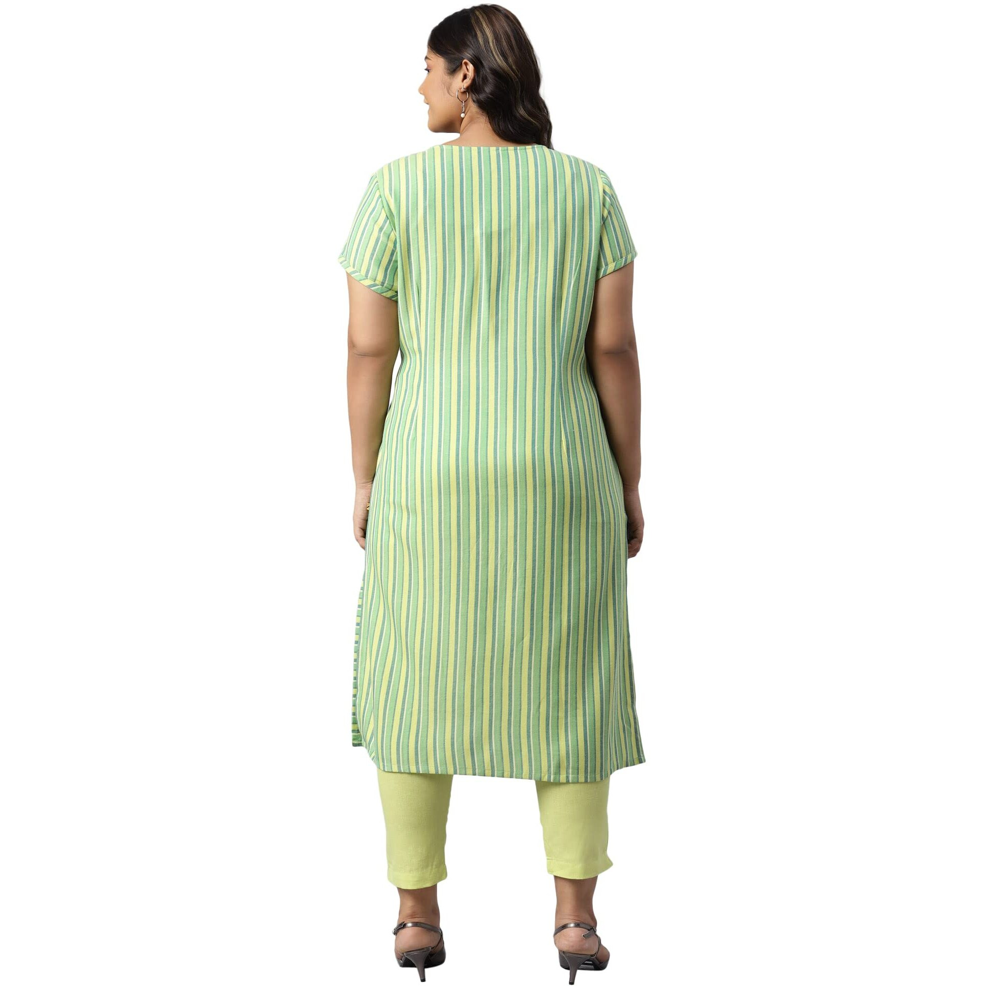 Aurelia Women Lime Sherbet Cotton Stripes Yarn Dyed Straight Kurta_22Aua13360P-702577_4Xl