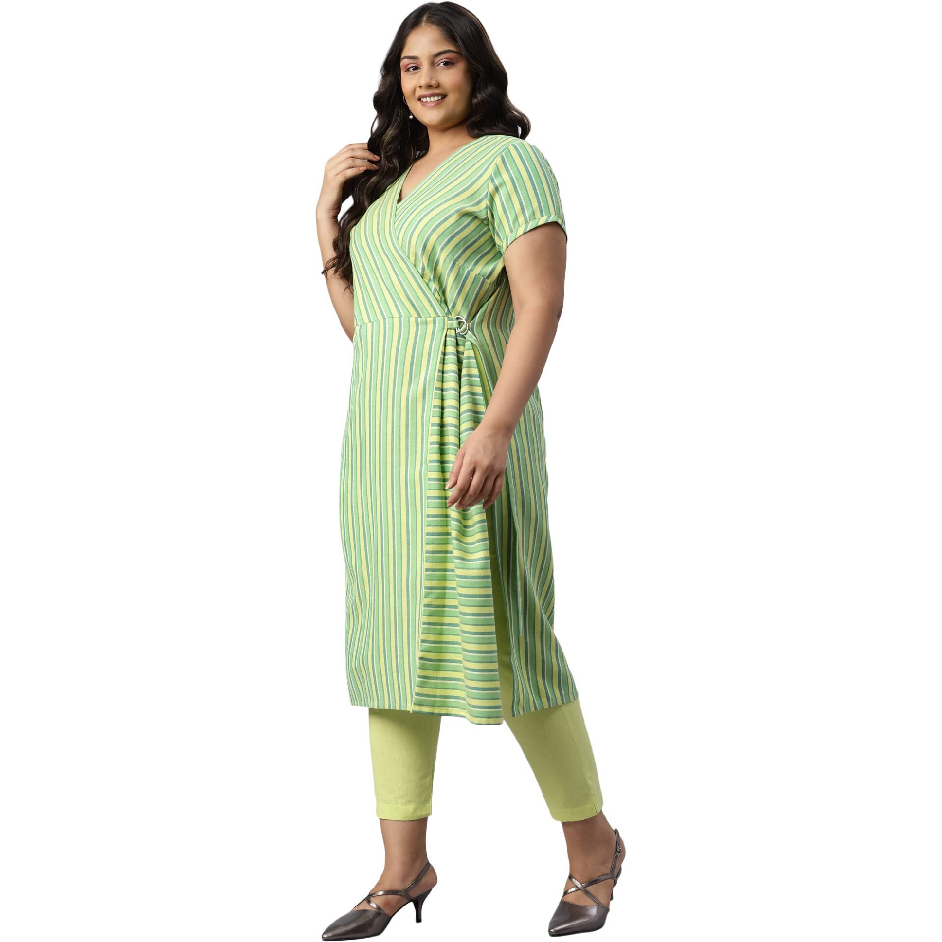 Aurelia Women Lime Sherbet Cotton Stripes Yarn Dyed Straight Kurta_22Aua13360P-702577_4Xl