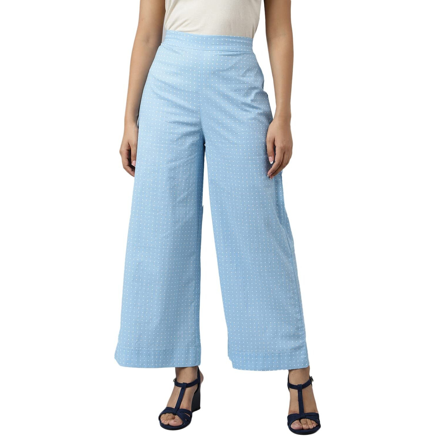 Aurelia Women Ice Blue Cotton Partially Elasticated Straight Palazzo_22Aua60005-505715_M
