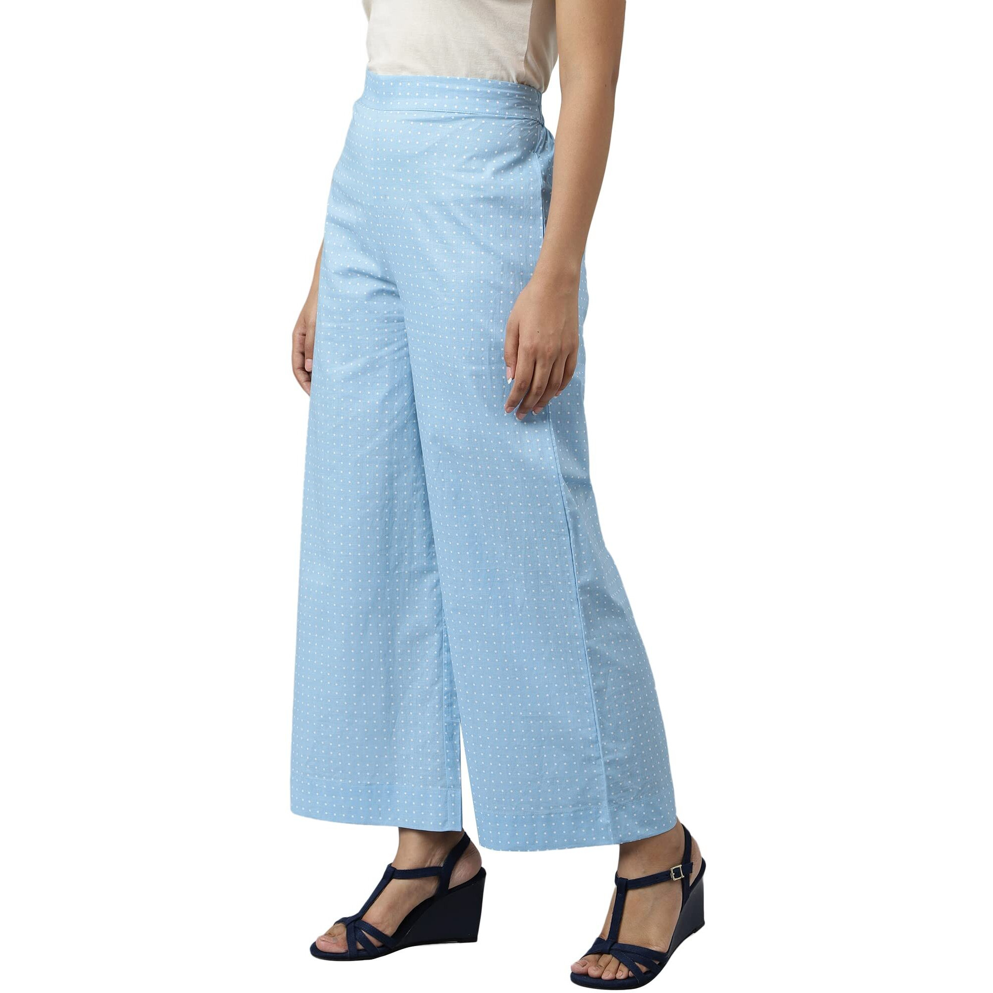 Aurelia Women Ice Blue Cotton Partially Elasticated Straight Palazzo_22Aua60005-505715_M
