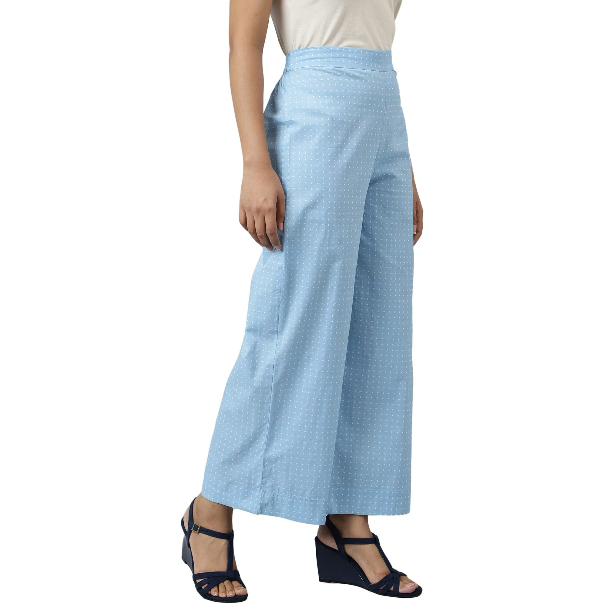 Aurelia Women Ice Blue Cotton Partially Elasticated Straight Palazzo_22Aua60005-505715_M