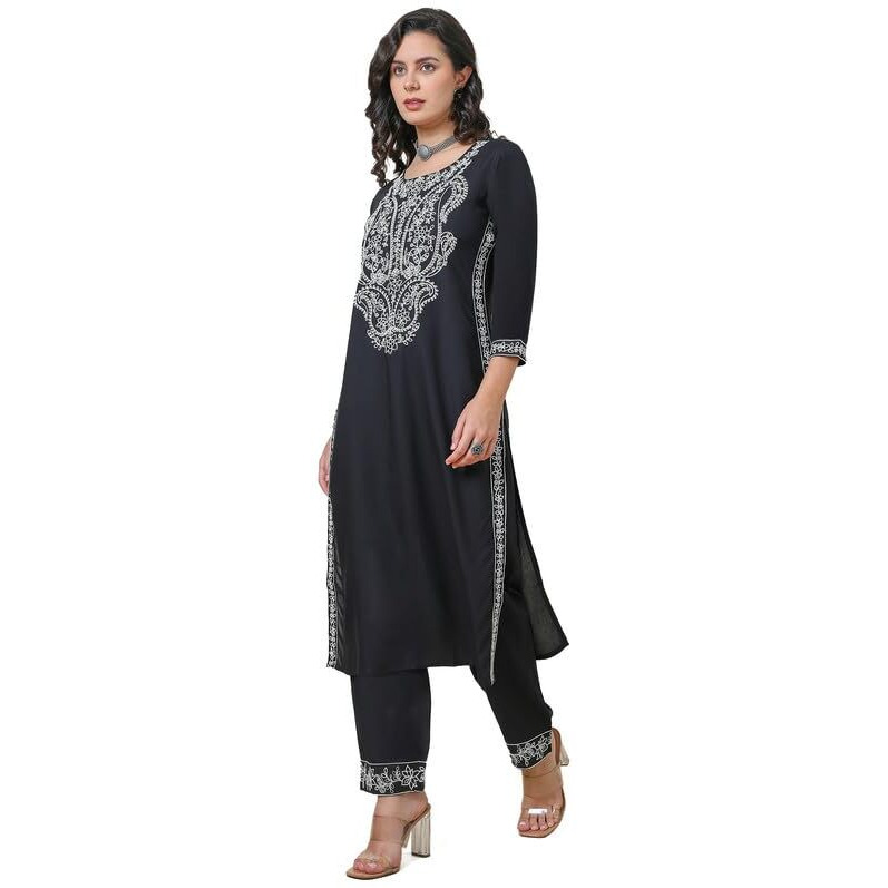 Soch Womens Black Rayon Dori Embroidered Straight Kurta Set