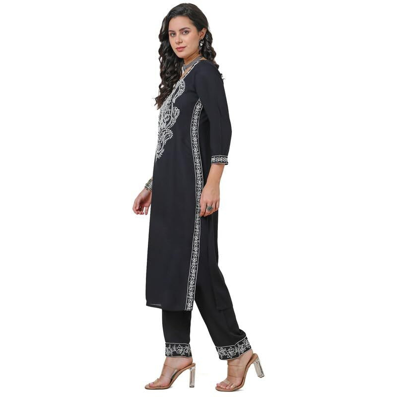 Soch Womens Black Rayon Dori Embroidered Straight Kurta Set