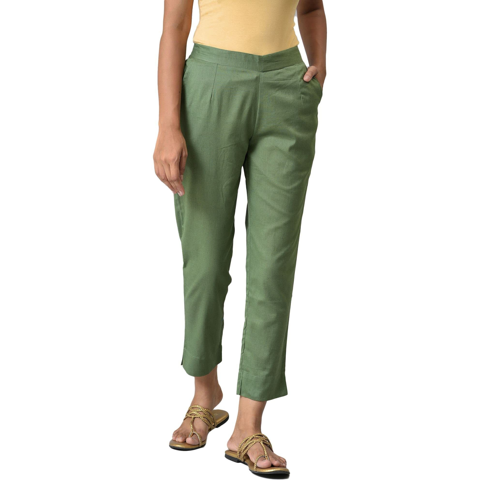 Aurelia Green Cotton Blend Solid Regular Trousers
