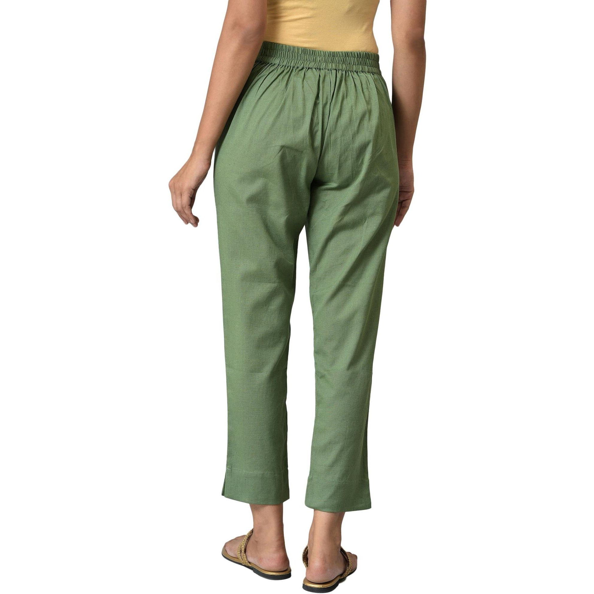 Aurelia Green Cotton Blend Solid Regular Trousers