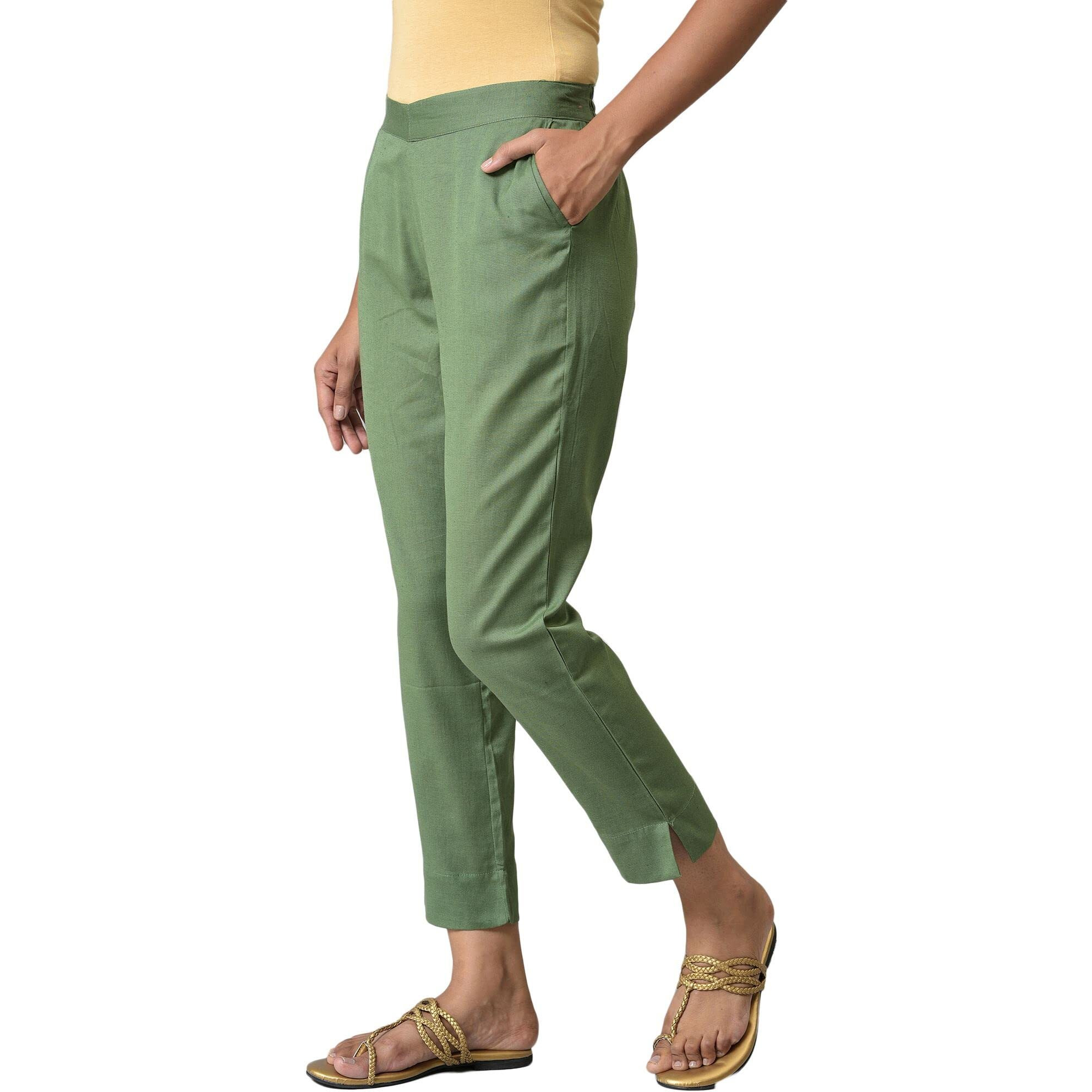 Aurelia Green Cotton Blend Solid Regular Trousers