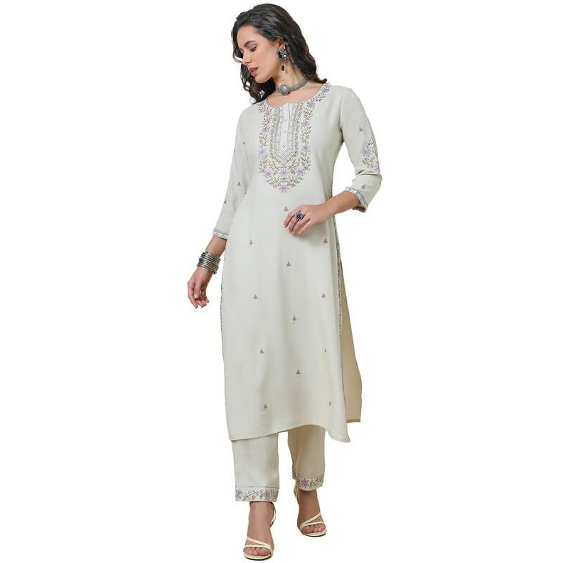 Soch Womens Beige Embroidered Rayon Straight Kurta Set