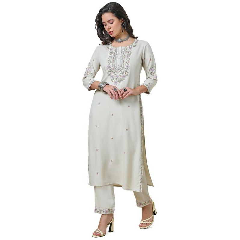 Soch Womens Beige Embroidered Rayon Straight Kurta Set