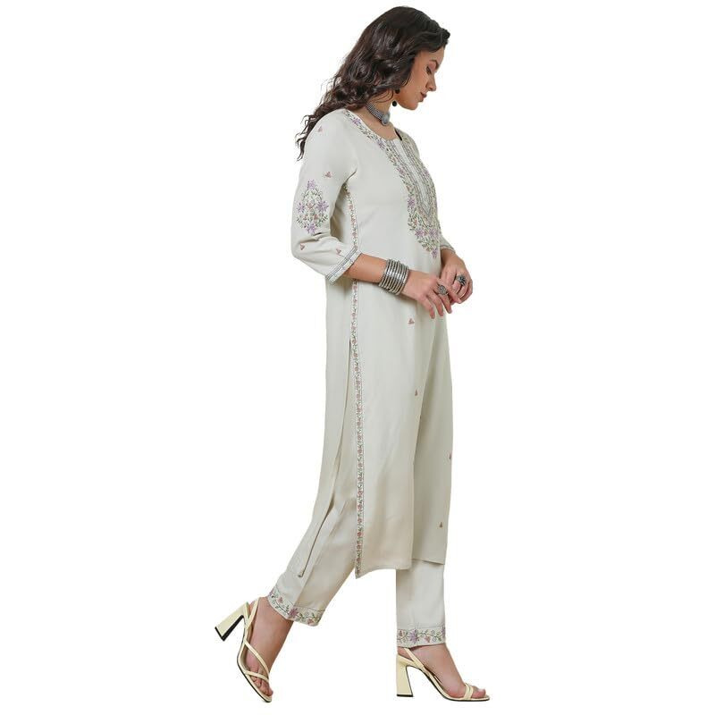 Soch Womens Beige Embroidered Rayon Straight Kurta Set