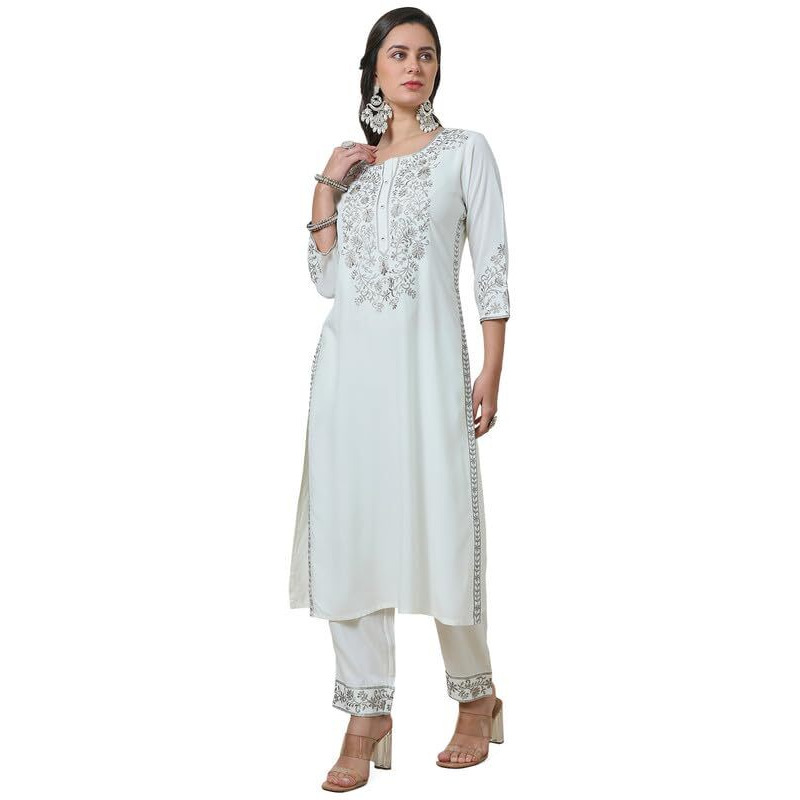 Soch Womens Off White Rayon Embroidered Kurta Set With Thread Work