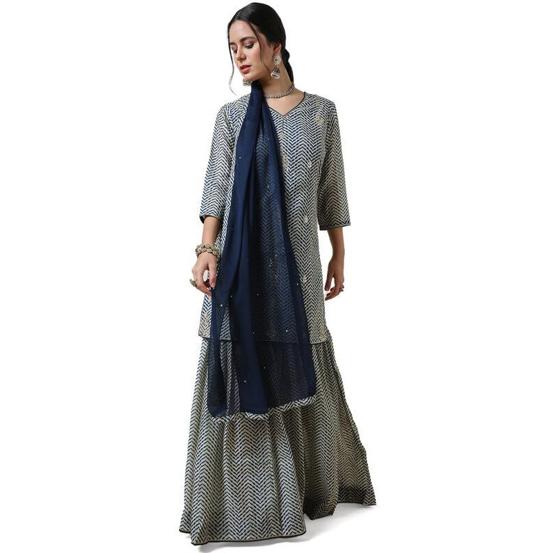 Soch Womens Blue Chanderi Abstract Print Suit Set With Gotta Patti