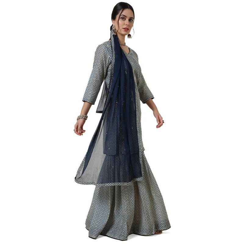 Soch Womens Blue Chanderi Abstract Print Suit Set With Gotta Patti