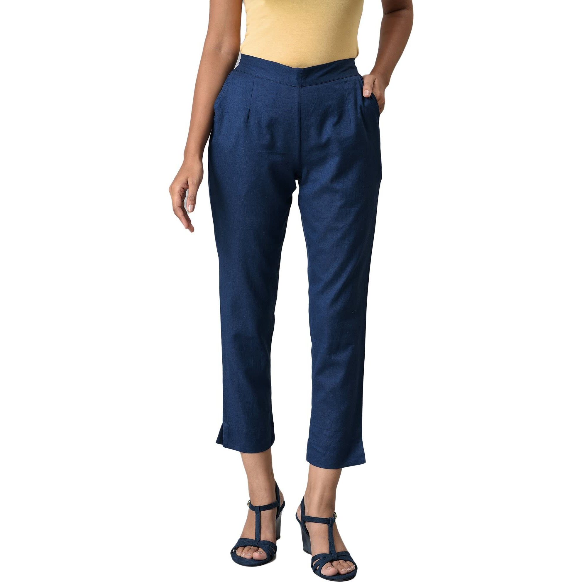 Aurelia Blue Cotton Blend Solid Regular Trousers
