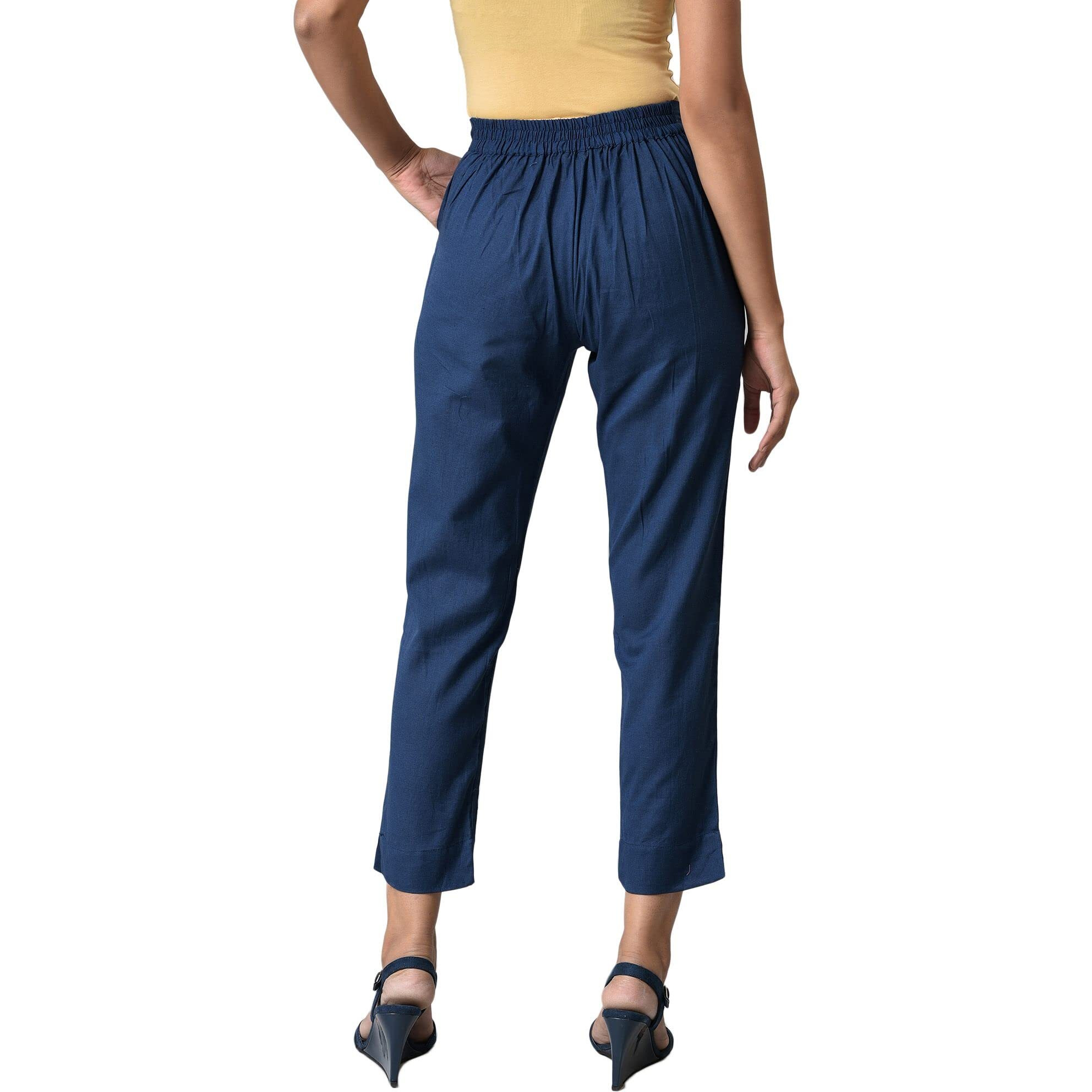 Aurelia Blue Cotton Blend Solid Regular Trousers