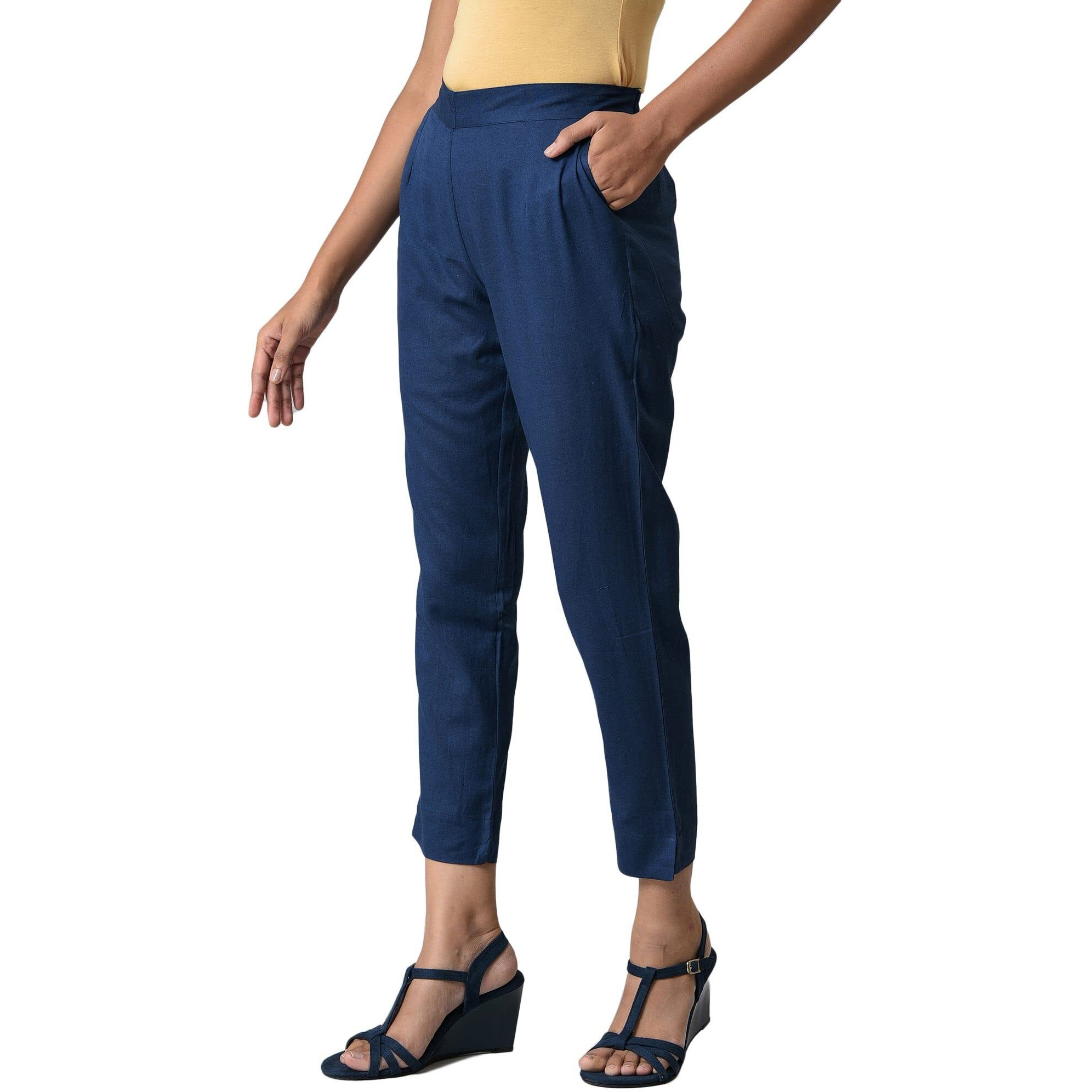 Aurelia Blue Cotton Blend Solid Regular Trousers