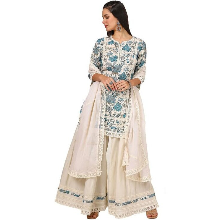Soch Womens Turquoise Blue Linen Floral Print Suit Set