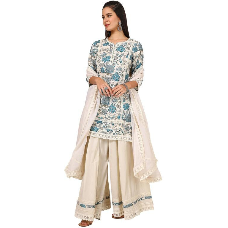 Soch Womens Turquoise Blue Linen Floral Print Suit Set
