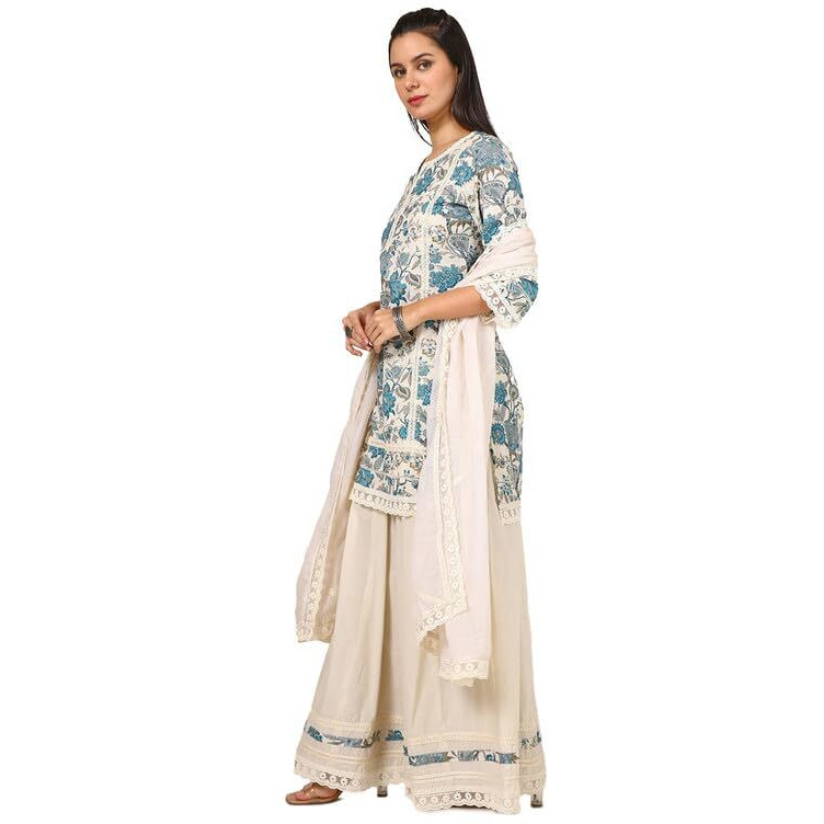 Soch Womens Turquoise Blue Linen Floral Print Suit Set