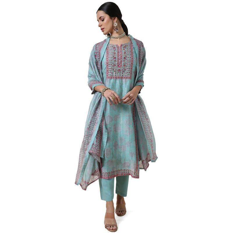 Soch Womens Powder Blue Viscose Blend Botanical Print Suit Set