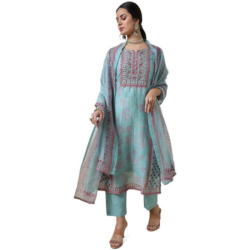 Soch Womens Powder Blue Viscose Blend Botanical Print Suit Set