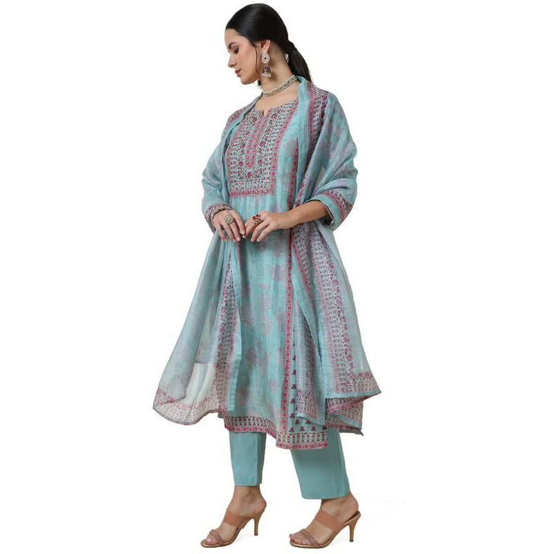 Soch Womens Powder Blue Viscose Blend Botanical Print Suit Set