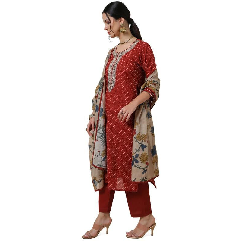 Soch Womens Rust Bandhani Print Cotton Suit Set With Sequins