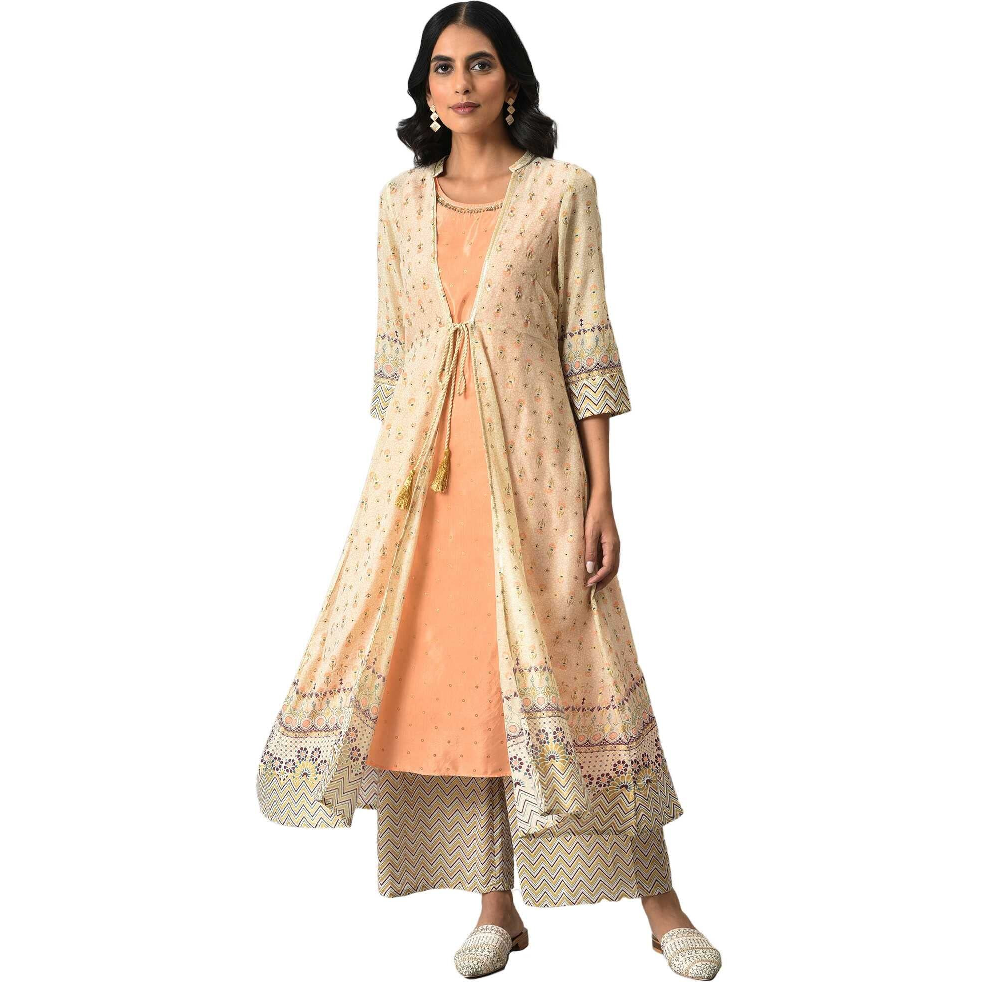 Aurelia Women's Beige Printed Front Open Gilet With Peach Inner Kurta And Beige Straight Palazzo_22Aud10439-503225_L