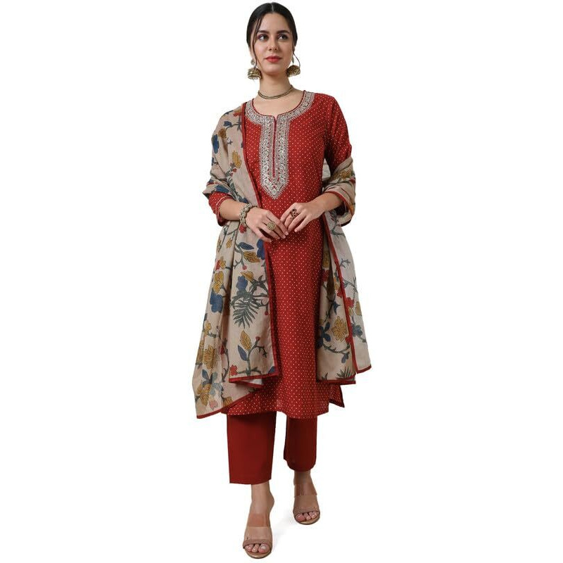 Soch Womens Rust Bandhani Print Cotton Suit Set With Sequins