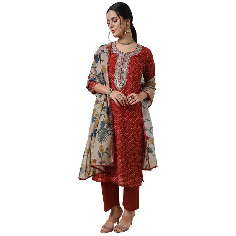 Soch Womens Rust Bandhani Print Cotton Suit Set With Sequins