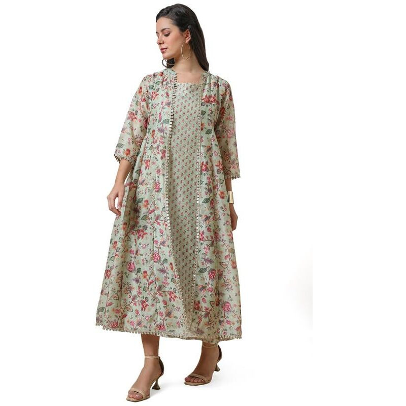 Soch Womens Sap Green Printed Chanderi Blend Dress With Jacket