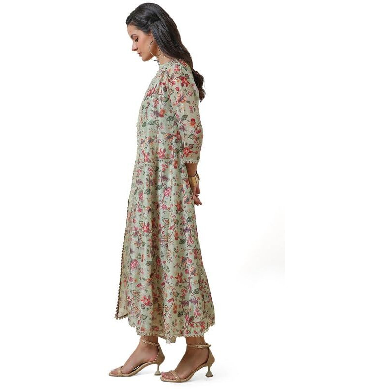 Soch Womens Sap Green Printed Chanderi Blend Dress With Jacket