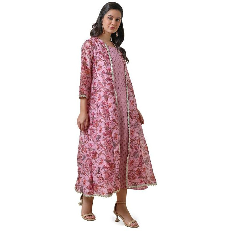 Soch Womens Pink Floral Print Chanderi Blend Dress With Jacket