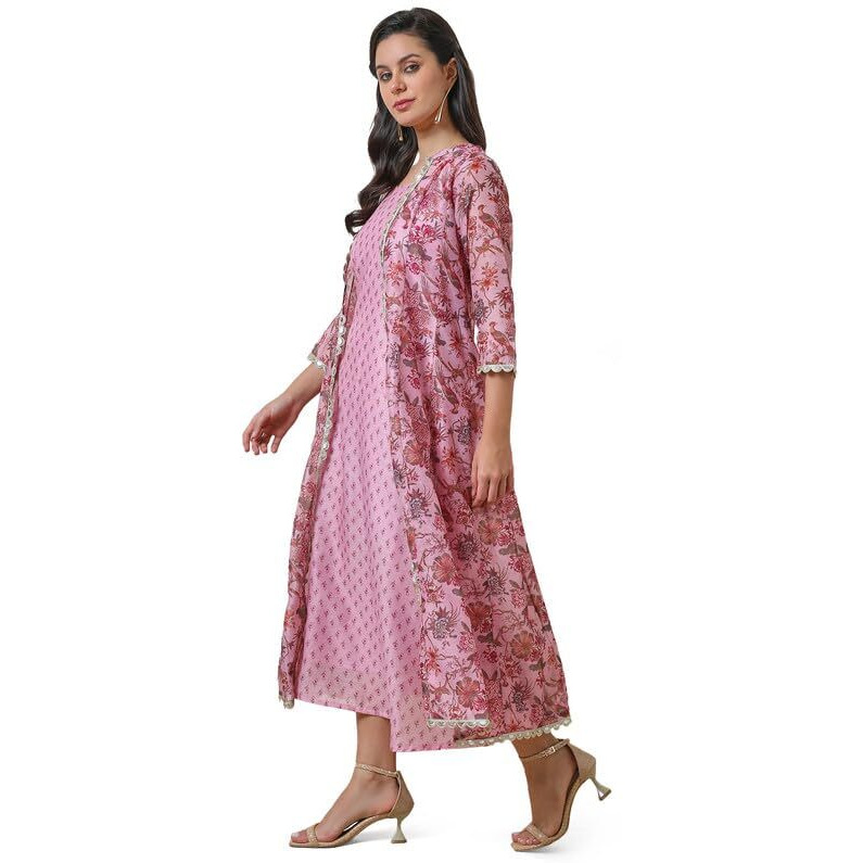 Soch Womens Pink Floral Print Chanderi Blend Dress With Jacket