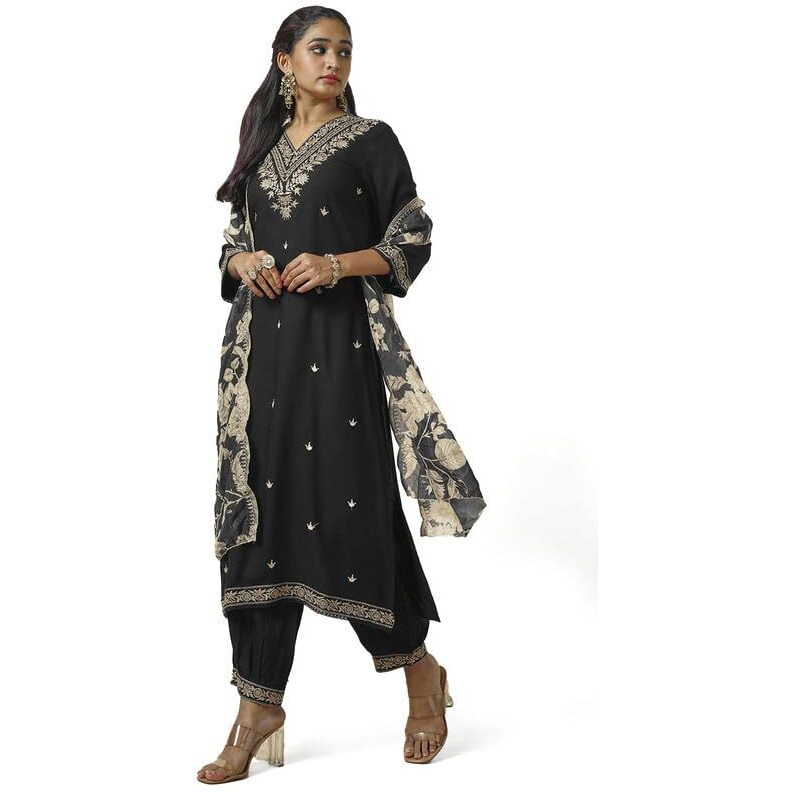 Soch Womens Black Rayon Embroidered Suit Set With Sequins