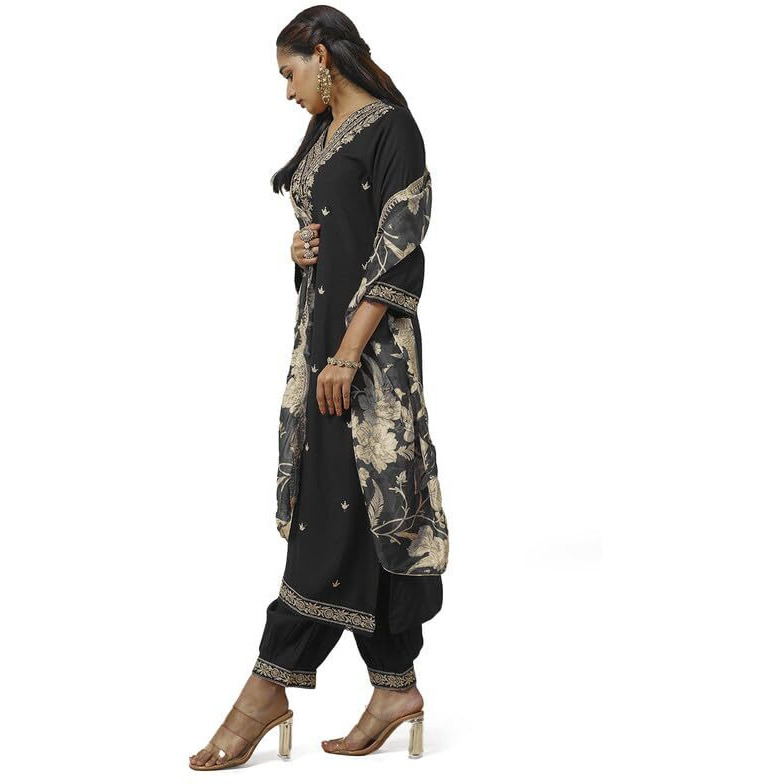 Soch Womens Black Rayon Embroidered Suit Set With Sequins