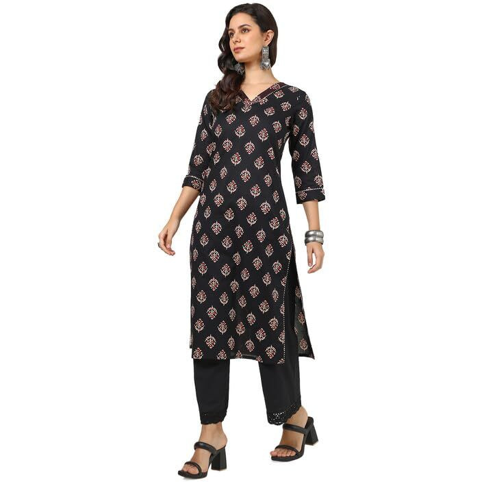 Soch Womens Black Cotton Botanical Print Kurta With Gotta Patti