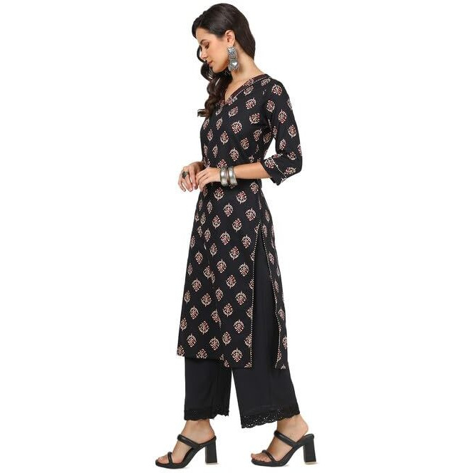 Soch Womens Black Cotton Botanical Print Kurta With Gotta Patti