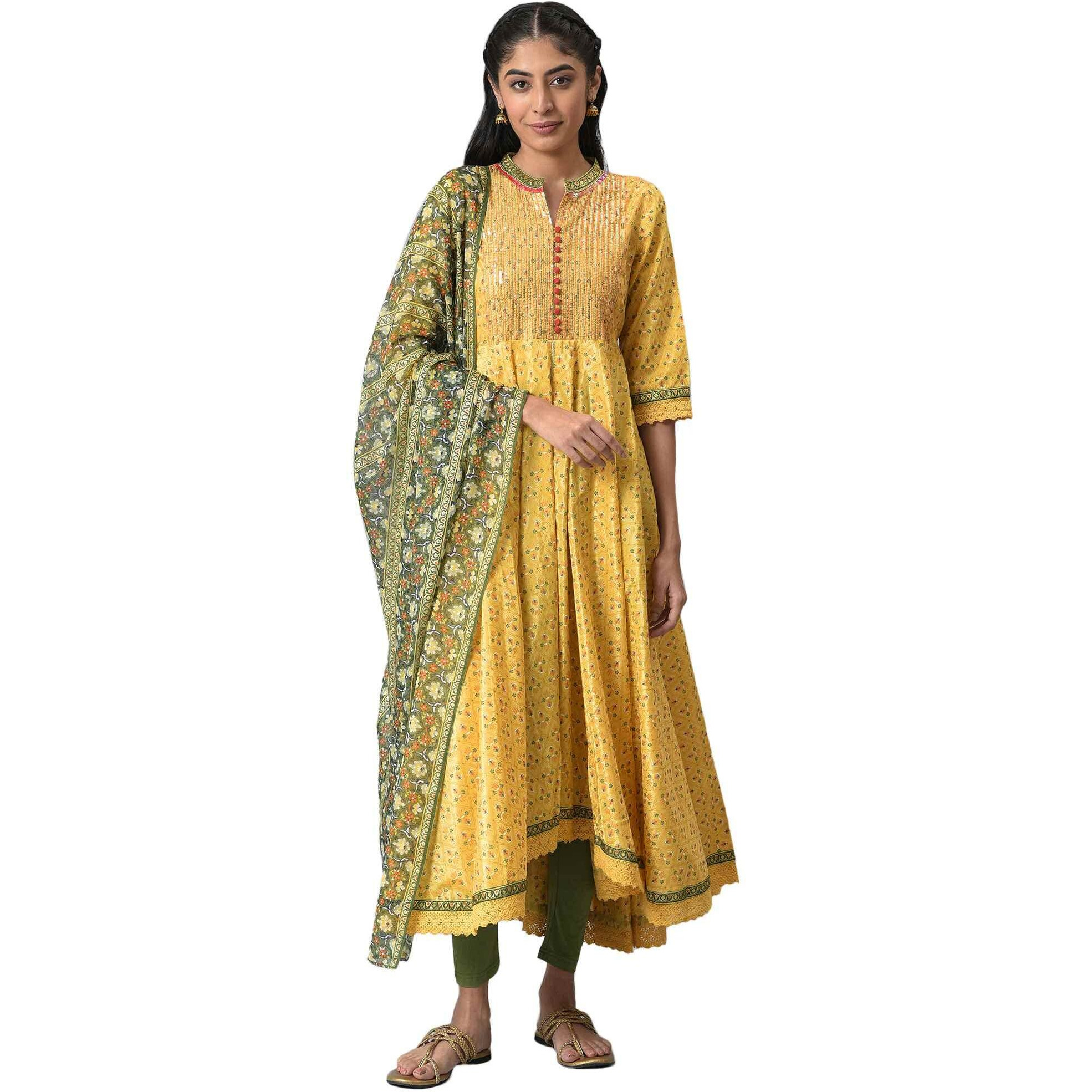 Aurelia Women Yellow Floral Printed Kurta With Green Tights And Dupatta_22Aud10440-505690_S