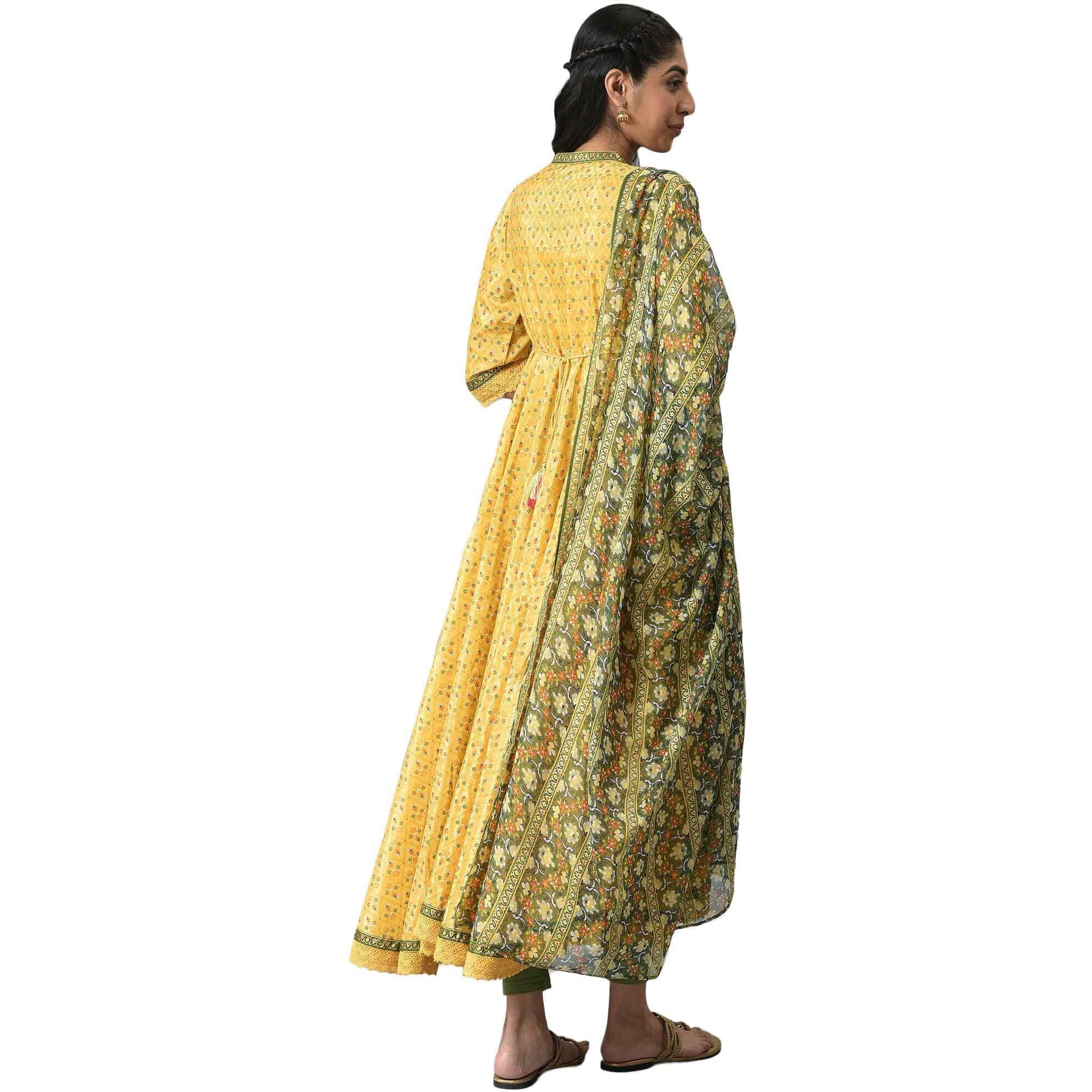 Aurelia Women Yellow Floral Printed Kurta With Green Tights And Dupatta_22Aud10440-505690_S