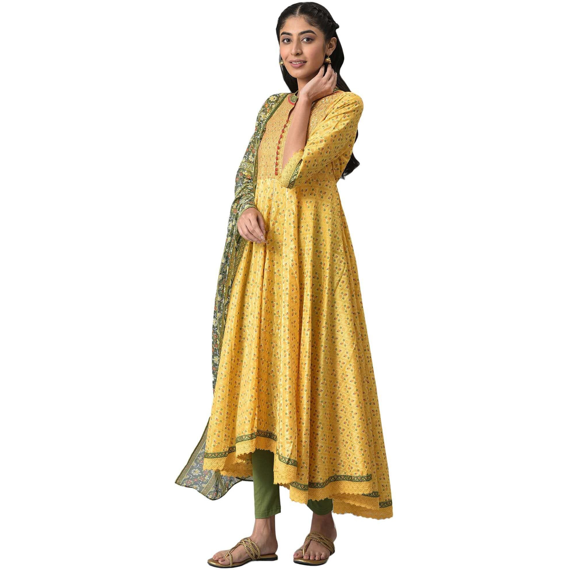 Aurelia Women Yellow Floral Printed Kurta With Green Tights And Dupatta_22Aud10440-505690_S
